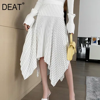 

DEAT new designs summer fashion women's clothes high waist pleated striped asymmetrical halfbody skirt female WL83800