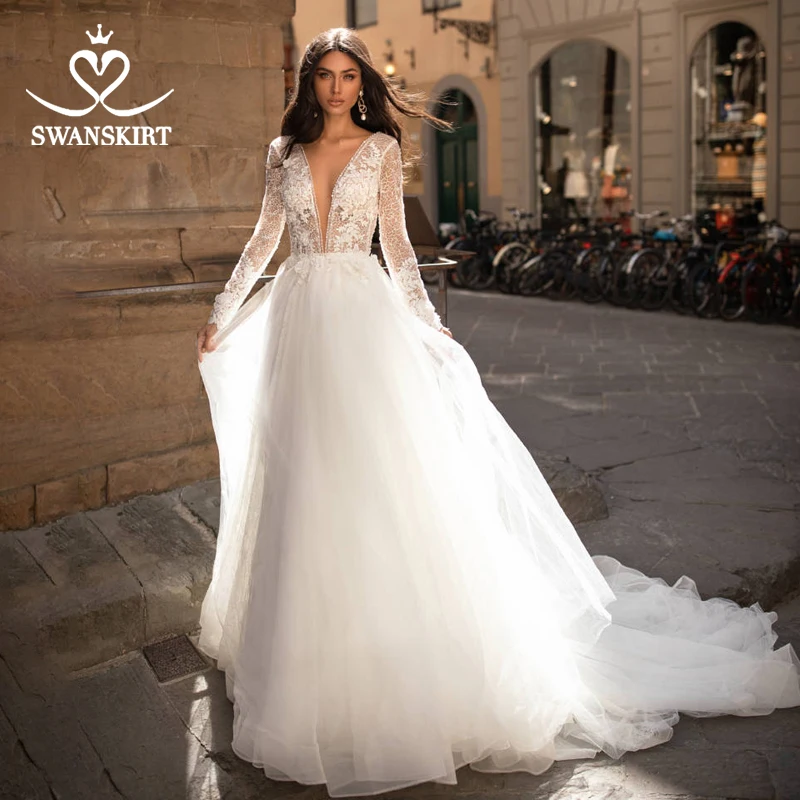 Слоновая кость Винтажное свадебное платье с длинным рукавом Swanskirt I204 с аппликацией Кружева А-силуэта принцесса тюль для платья невесты иллюзия Vestido de Noiva - Цвет: Слоновая кость