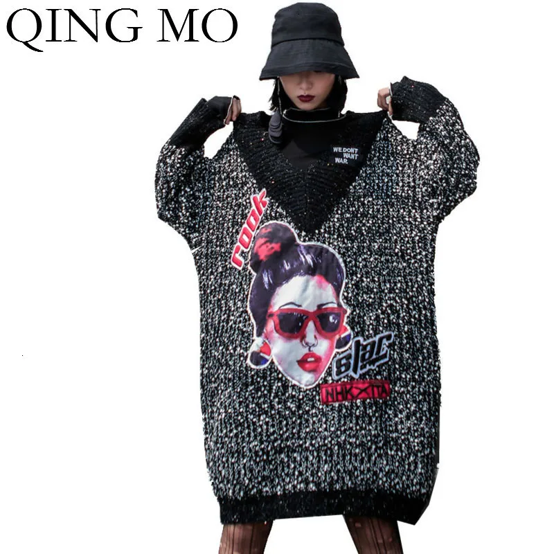 QING MO черный женский пуловер свитер 2019 с персонажами Зимний Теплый Женский