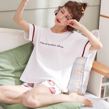 

Pajamas women's summer short-sleeved cotton two-piece suit fresh student's summer thin home clothes autumn
