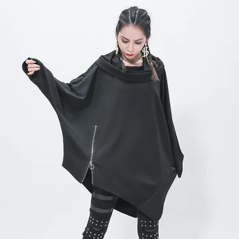 

2020 Spring Irregular Sweatshirt Women Split Pullover Black Harajuku Patchwork Full Sleeve Sweatshirt High Collar LT204S30