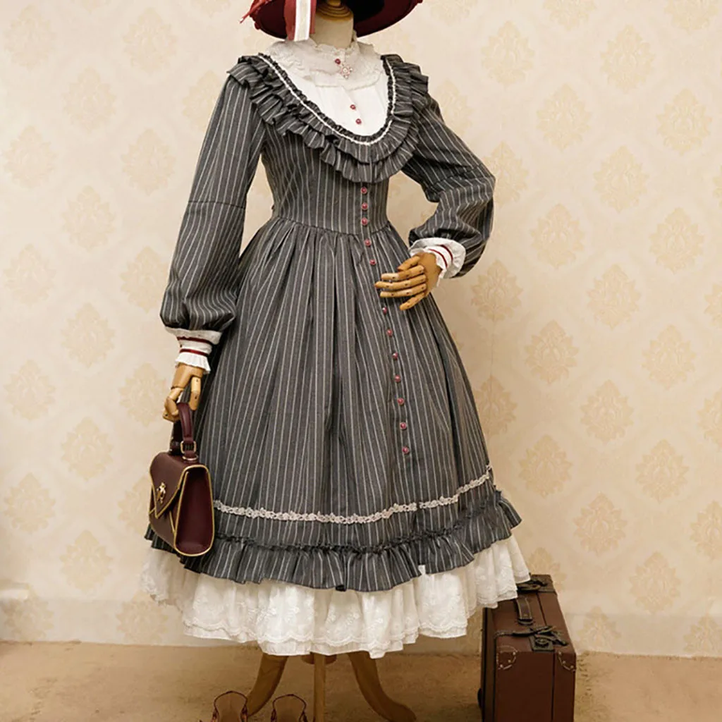 

Women Winter Gothic Retro Striped Ball Gowns Gowns Dress Vintage elegant vestido De Festa party Dresses Halloween princess Dress