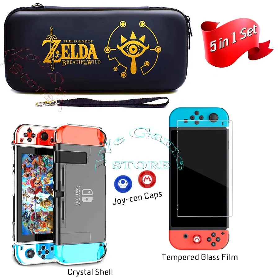 Nintendos Case Nintend Switch Travel Carry Bag+ Screen Glass Film& Crystal Hard Shell+ 2 Silicone Cap for NS Nintendoswitch - Цвет: 5in1 B