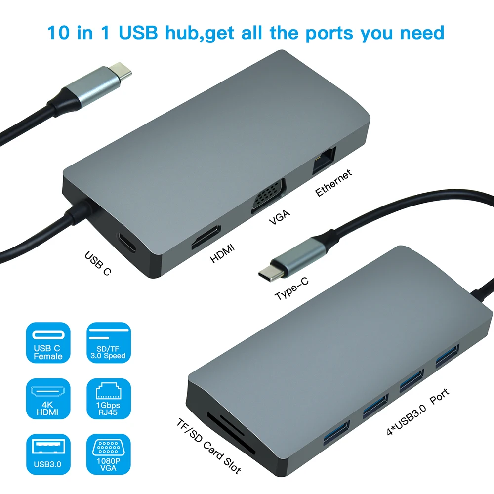 10 в 1 Miltifunctional док-станция USB C к USB3.0 4K HD 1080P VGA 1 Гбит/с сеть Ethernet 60 Вт PD SD Card Reader Hub