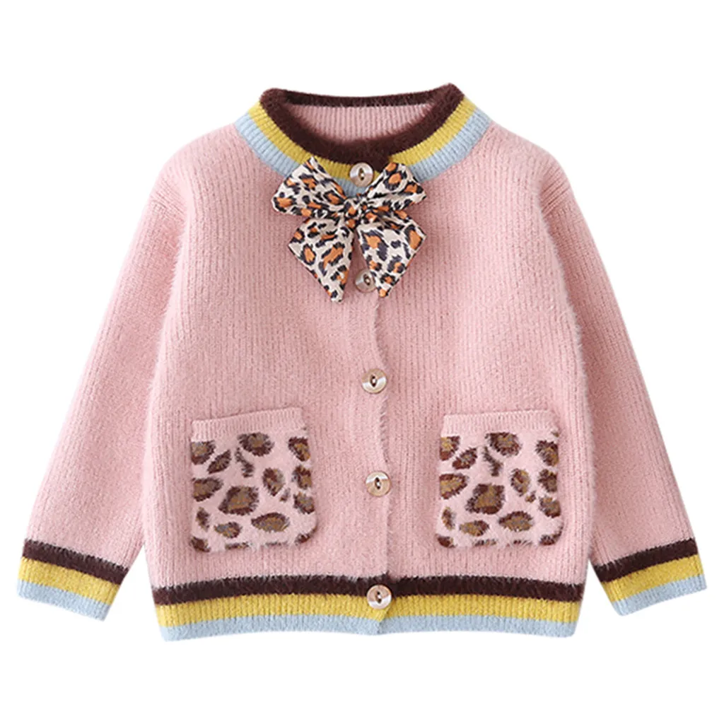 Модное пальто для девочек; свитера для девочек; свитер для малышей; теплый свитер с леопардовым принтом и бантом; вязаное пальто с кружевом вязаным крючком; одежда; детские свитера; свитер Z4