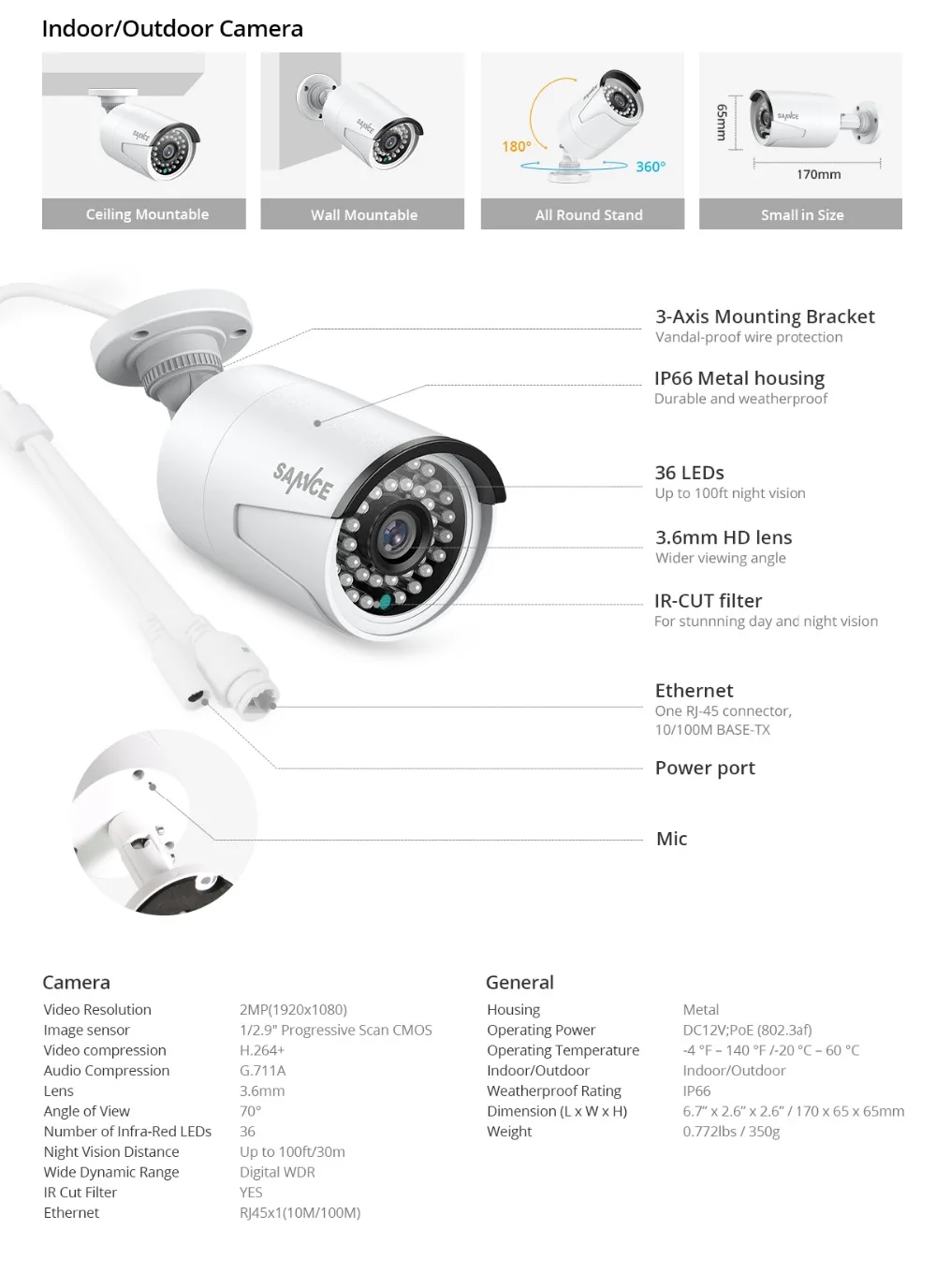 SANNCE 8CH POE 5 м NVR комплект системы видеонаблюдения 2MP инфракрасный наружный водонепроницаемый ip-камера с микрофоном аудио запись видео набор для наблюдения