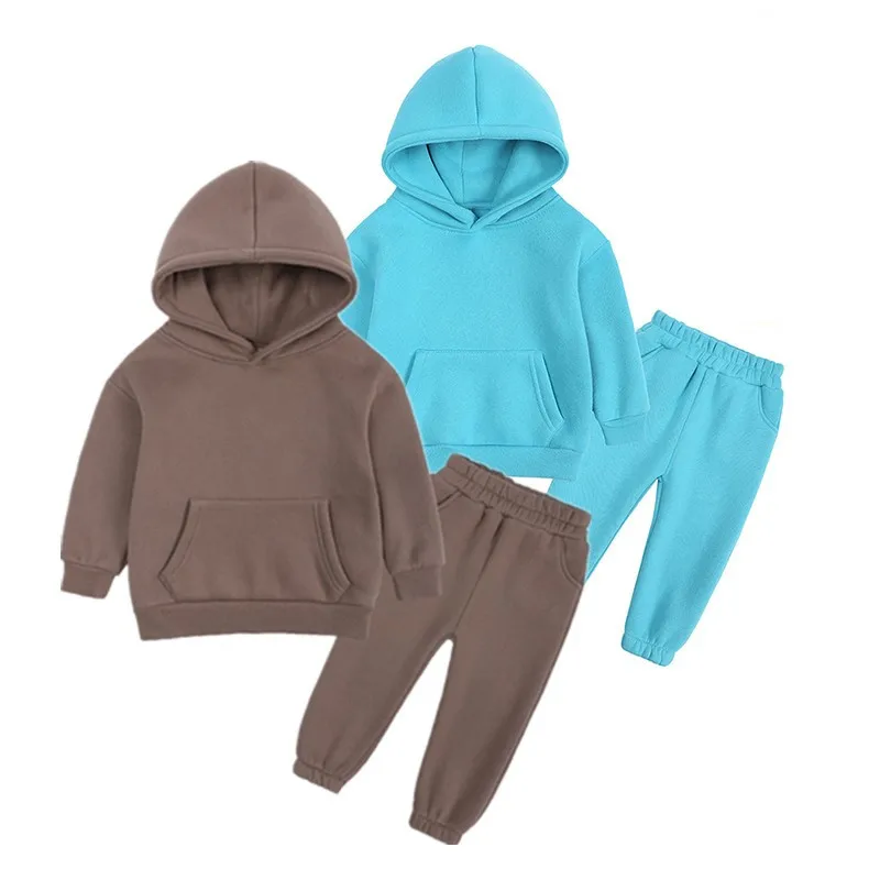 Teen Boys Clothing Winter Kids girls Sets Solid Color Plus fleece Warm Casual Children's Sweatershirt Sport girls Clothing