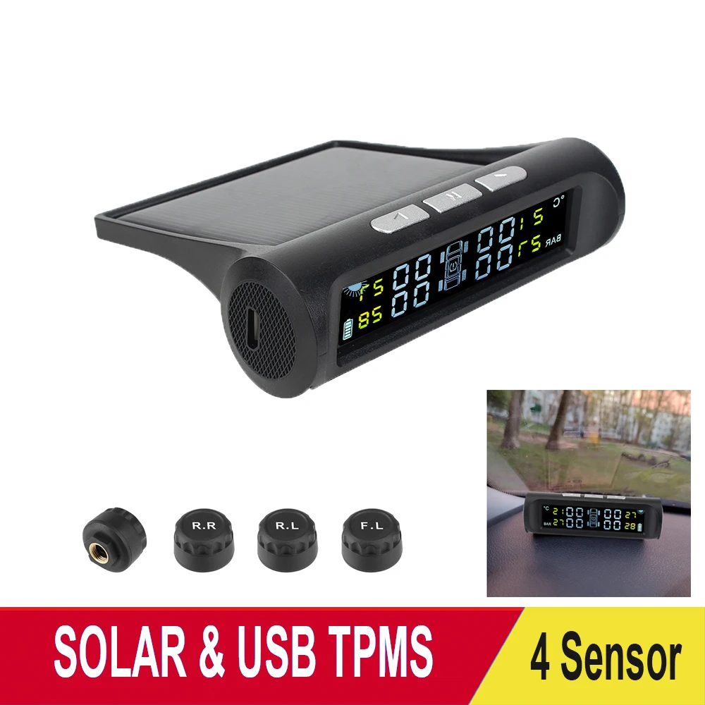 4 Sensor Wireless Solar TPMS Empfänger Reifendruckkontrollsystem LCD Monitor 