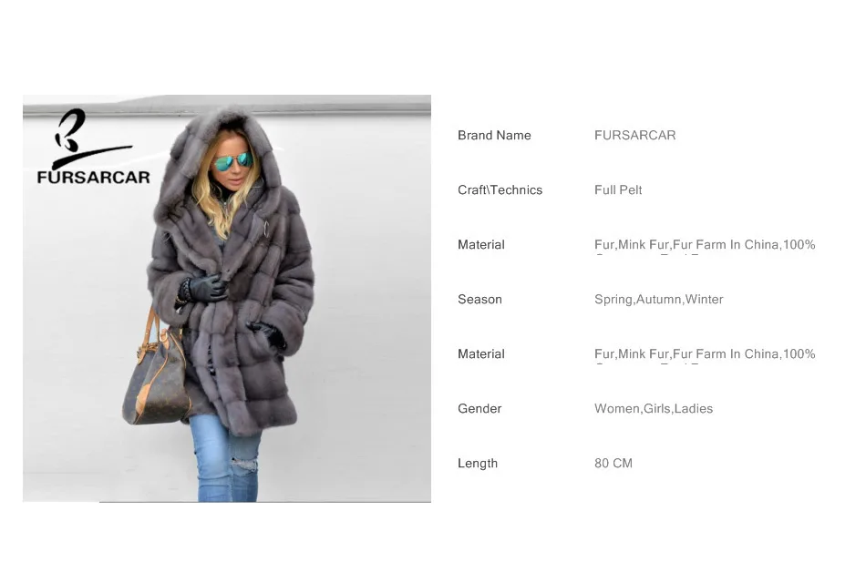 FURSARCAR 2018 Элитная норки пальто Для женщин полным ходом теплая плотная куртка с большим меховым капюшоном Женская зимняя обувь норковая шуба