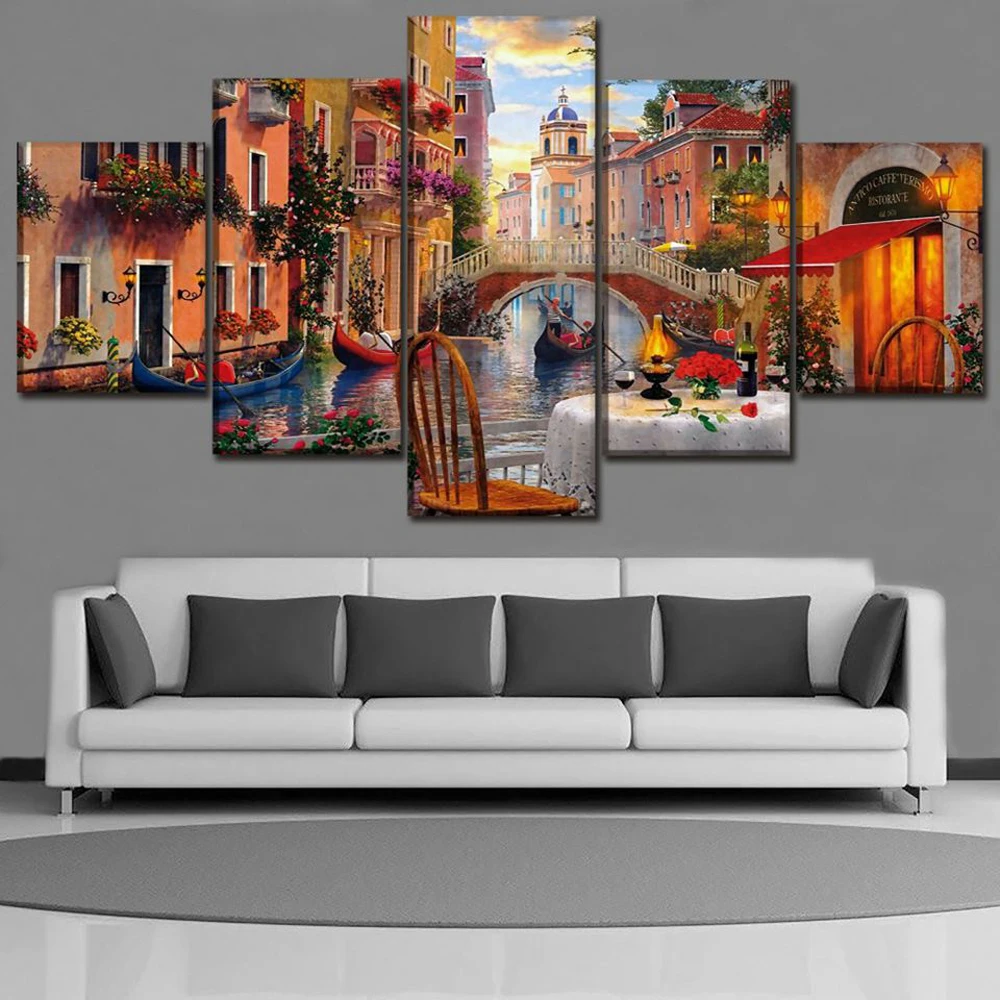 Canvas-Prints-Painting-Bedroom-Wall-Art-5-Pieces-Venice-Restaurant-Pictures-Modular-Abstract-Italy-Water-City