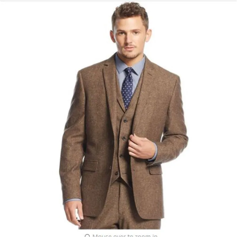 

2020 New Brown Tweed Men Suit Slim Fit 3 Piece Groom Tuxedo Wedding Suits Custom Prom Blazer Terno Masculino Jacket+Pant+Vest