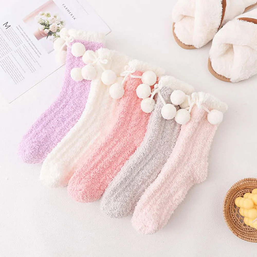 

Coral Fleece Socks Hand-stitched Small Hair Ball Cute European And American Style Sleep Socks Women Girls Warm Socks Hosiery