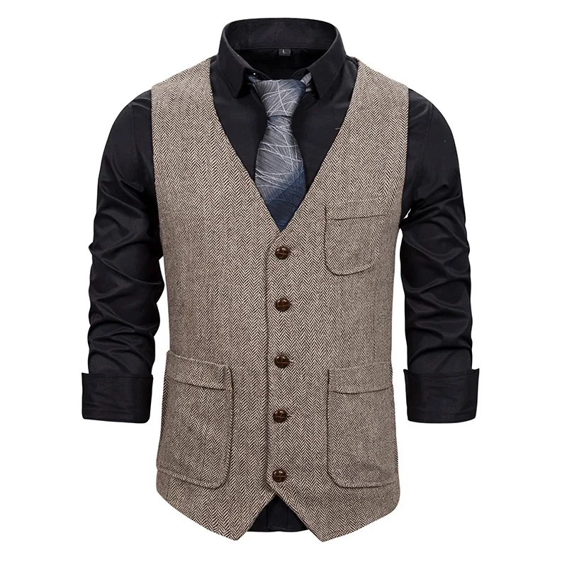 

Fashion Double Pocket Herringbone Tweed Suit Vest Men 2023 Brand Slim Fit Sleeveless Waistcoat Men Party Wedding Prom Vests Male