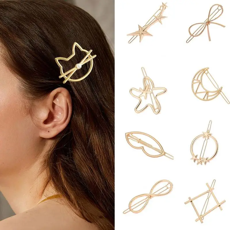 

17 Styles Women Metal Alloy Minimalist Hair Clip Hollow Geometric Triangle Bowknot Lips Shape Hairpins Ponytail Holder Clamp