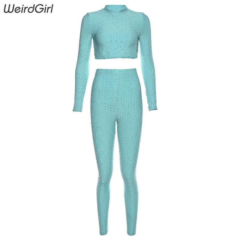 Weirdgirl/женские комплекты из 2 предметов; спортивный костюм для фитнеса; футболки с длинными рукавами; Длинные обтягивающие леггинсы с высокой талией; повседневная спортивная одежда - Цвет: Бирюзовый