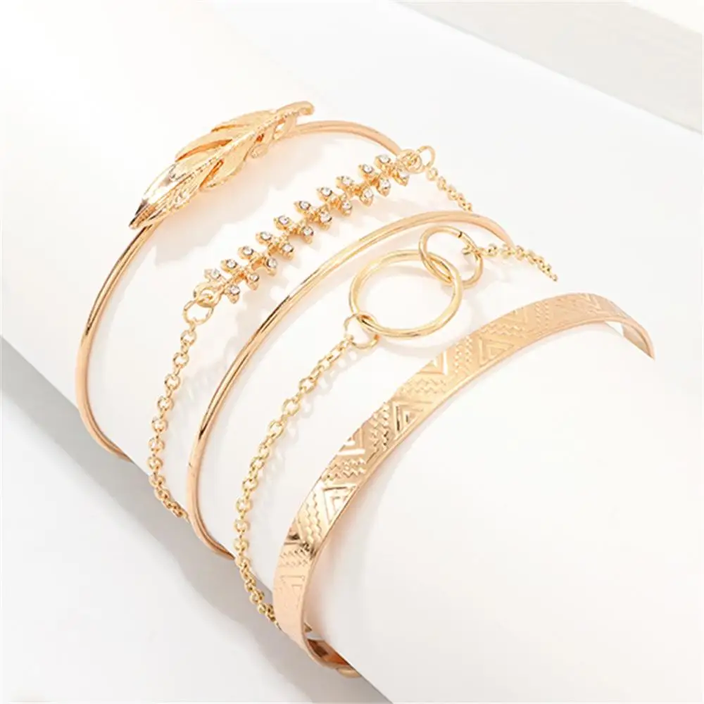 Platform Hot Sale Gold Metal Leaf Bracelet Classic Ring 5 Piece Set Female jade bracelet bangles браслет женский #3N28 |