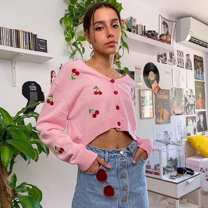 

Cherry Embroidery Cute Knitted Cardigan Sweaters for Women Autumn Winter Single Breasted Cropped Long Sleeve V-Neck Cardigan