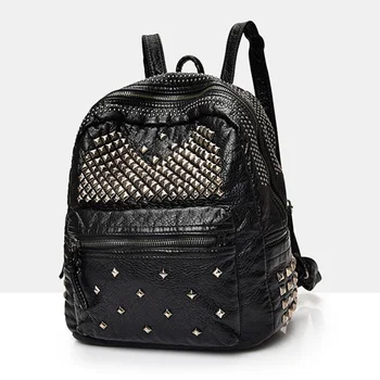

New Washed Leather Rivet Shoulder Rivet Bag Korean Leisure Travel Bag Portable College Wind Double Back Computer Bag Black