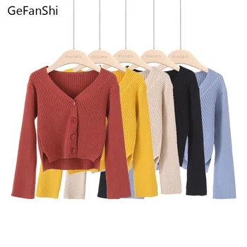 

2020 Women's Sweaters Autumn Winter Casual Vintage V-Neck Cardigans Long Sleeve Loose Sweaters Short Kintting Coat