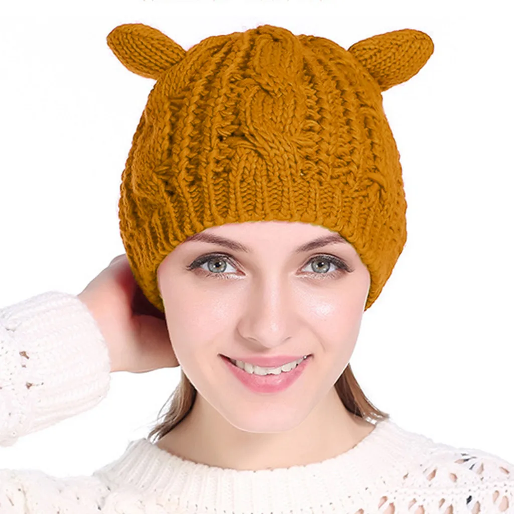 Yellow SAGACE, зимняя женская шапка, милая, с кошачьими ушками, вязанная шерстяная шапка, защищающая уши, чтобы обернуть голову, корейский стиль, женская шерстяная Повседневная шапка s - Цвет: Yellow