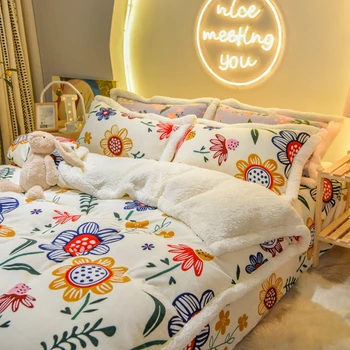 

White Flowers Bedding Sets 4pcs Soft Warm Lamb Cashmere Quilt Cover Set Pillowcase Winter Flat Sheet Solid Fleece Cover Sets