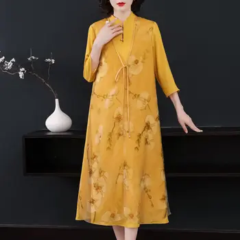 

Autumn The New Loose Cotton and linen Voile dress Indie Folk style printing Retro Standing collar A-line dress S-2XL