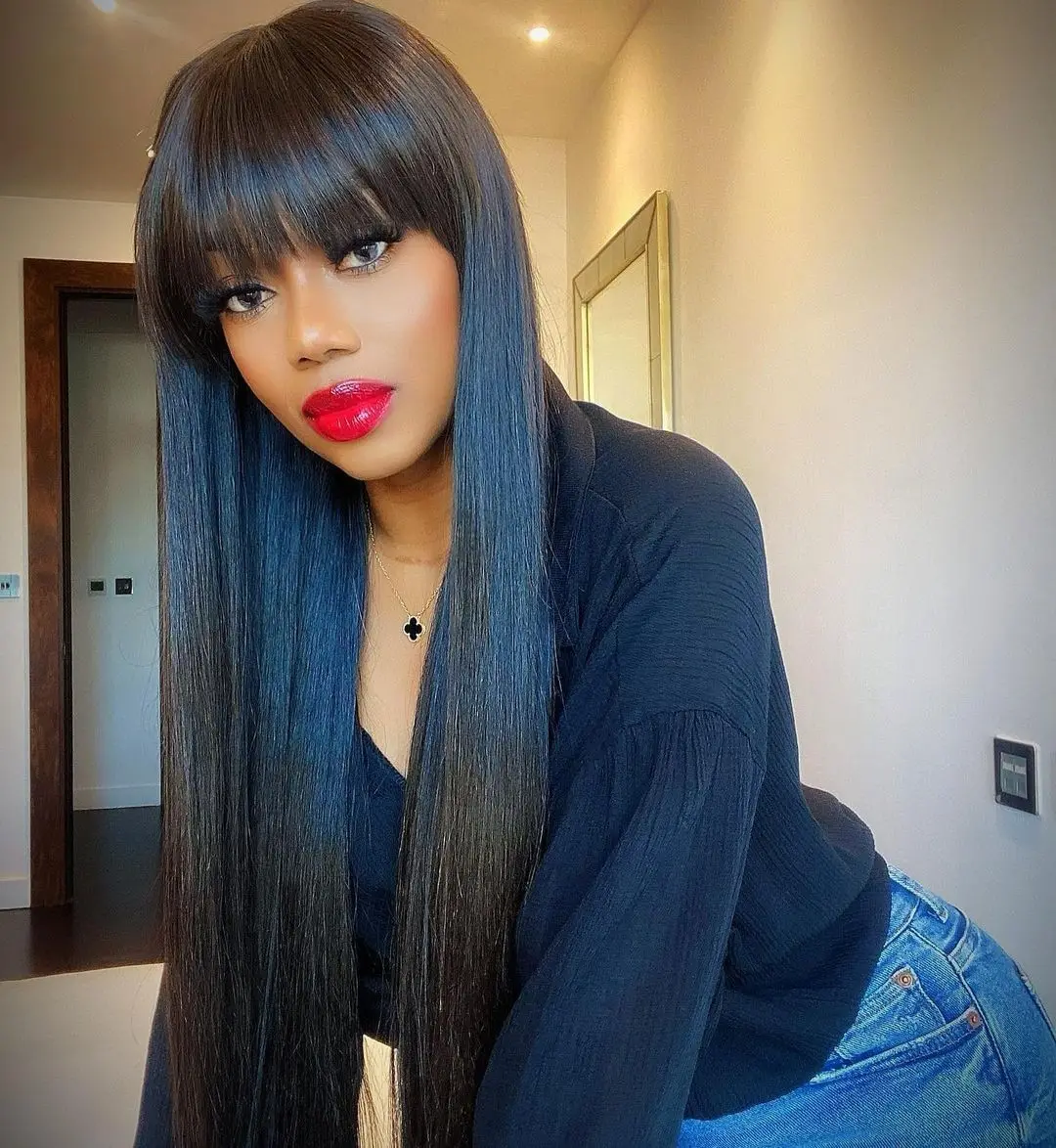 Straight Wig With Bangs Fringe Full Machine Made Bob Human Hair Wigs For Women Brazilian Remy Glueless Natural Black Fringe Wig