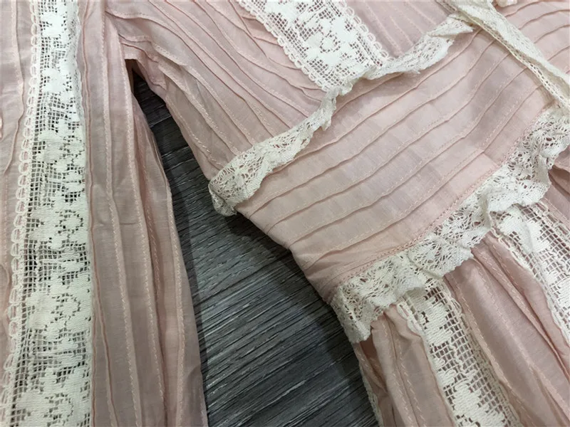 Новое Розовое милое кружевное Плиссированное длинное платье с длинными рукавами и высокой талией с отдельной подкладкой