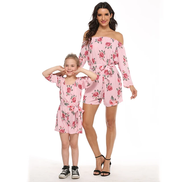 bunvel Summer Boho Beach Mommy and Me Clothes Playsuit Slash Neck Floral Print Rompers Jumpsuit Family Matching Clothes 2020