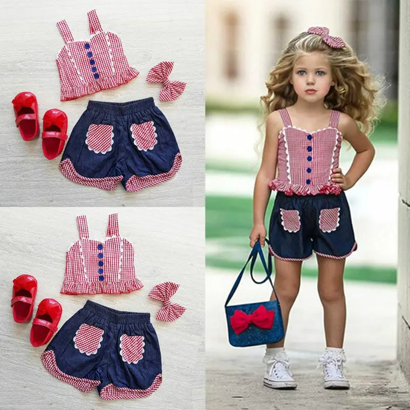 

Summer 3PCS Toddler Baby Girl Plaid Vest Crop Tops Short Pants Headband Outfit Clothes USA