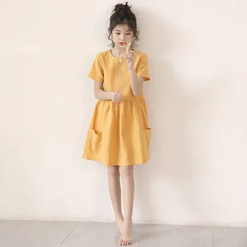 

Solid Leisure Girls Summer Dress New Fashion Children Elegant Clothing for Teenager Girls Cute Kids Dresses with Pockets, #8867