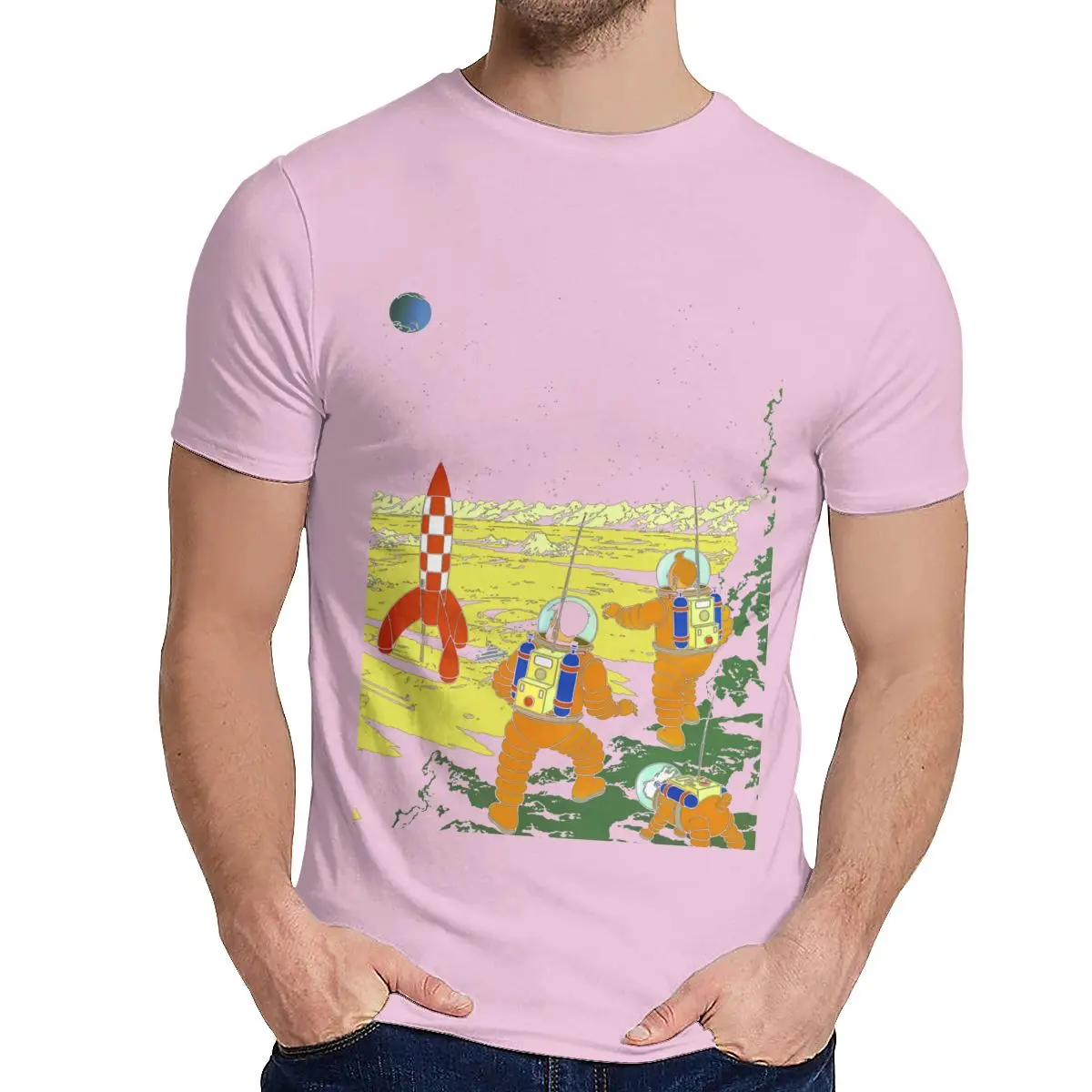 Летняя мужская футболка Tintin Adventurers On The Moon Slim Новое поступление футболка с круглым вырезом в стиле хип-хоп - Цвет: Розовый