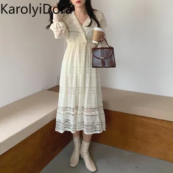 

2020 New women lace dress elegant sexy v neck elastic waist party apricot black long dress slim hollow out mid-length vestidos