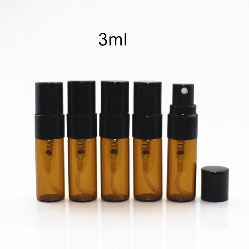 

50pcs/lot 3ml Amber Glass Perfume Spray Bottle Empty Parfum Atomizer Portable Travel Sample Glass Vials with Black Pump