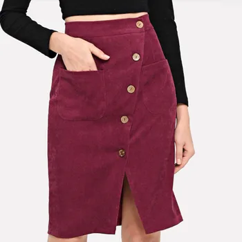 

2019 New Sexy Solid Skirts jupe femme Fashion Women Solid High Waist faldas Pocket Button Mid Long Casual Skirts spodnica #C9