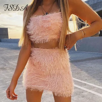

FSDA Women Set Summer 2020 Sexy Spaghetti Strap Crop Top And Mini Bodycon Skirt Party Outfit Two Piece Sets Club