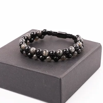 High Quality Double Layer 6mm Natural Stone Labradorte Black Agate Beads Woven Macrame Bracelet Jewelry For Men