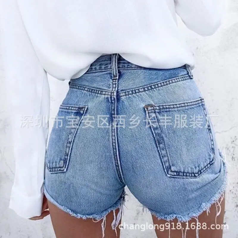 Europe And America Summer New Style High-waisted Cowboy Street Versatile Fringe Burrs Women's Slimming Denim Shorts WOMEN'S