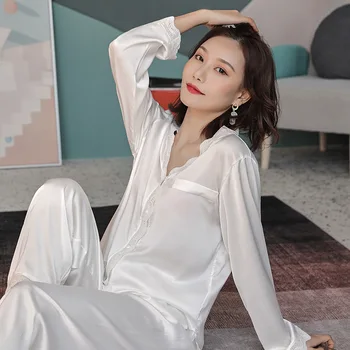 

Satin Pajamas Women's Summer Cardigan Long-sleeved Palace Wind Ice Silk Thin White Lace Ladies Home Suit Silk Sleepwear Set