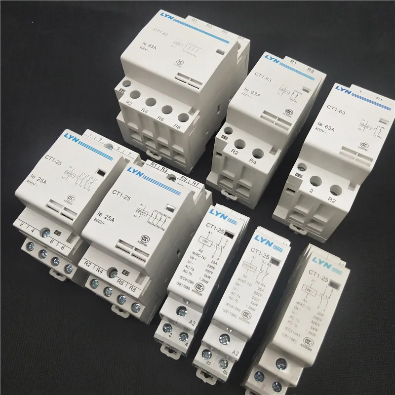 

CT1-25 16A 25A 20A 2P 2NO 2P 4P 4NO CT1-63 32A 40A 63A 230v 50or60HZ Din rail Household AC Contactor