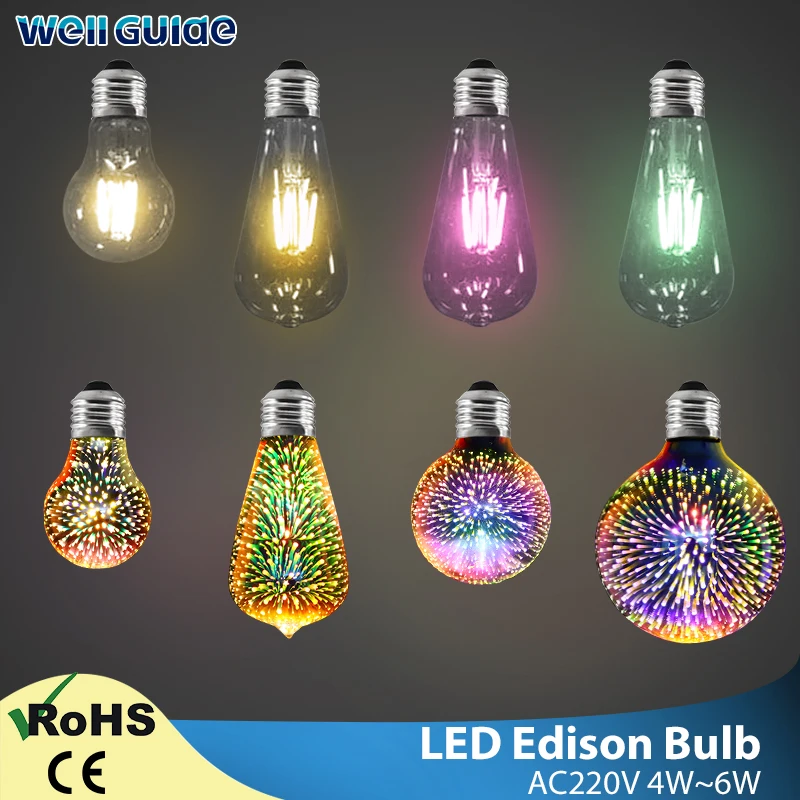 LED Bulb E27 3D Decoration holiday ights 6W 220V Fireworks Edison led Lamp ST64 A60 G80 G95 Retro Filament Light | Освещение