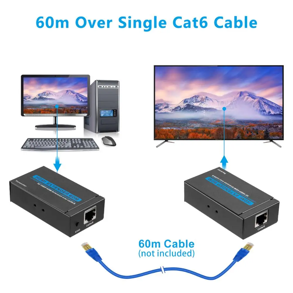 60 м HDMI удлинитель 1080p 3D передатчик приемник через Cat 5e/6 RJ45 Ethernet конвертер US EU