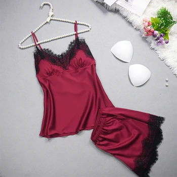 

Female Sexy Satin Lace Patchwork Set V Neck Spaghetti Strap Sleeveless Tops And Shorts Summer Autumn Home Wear