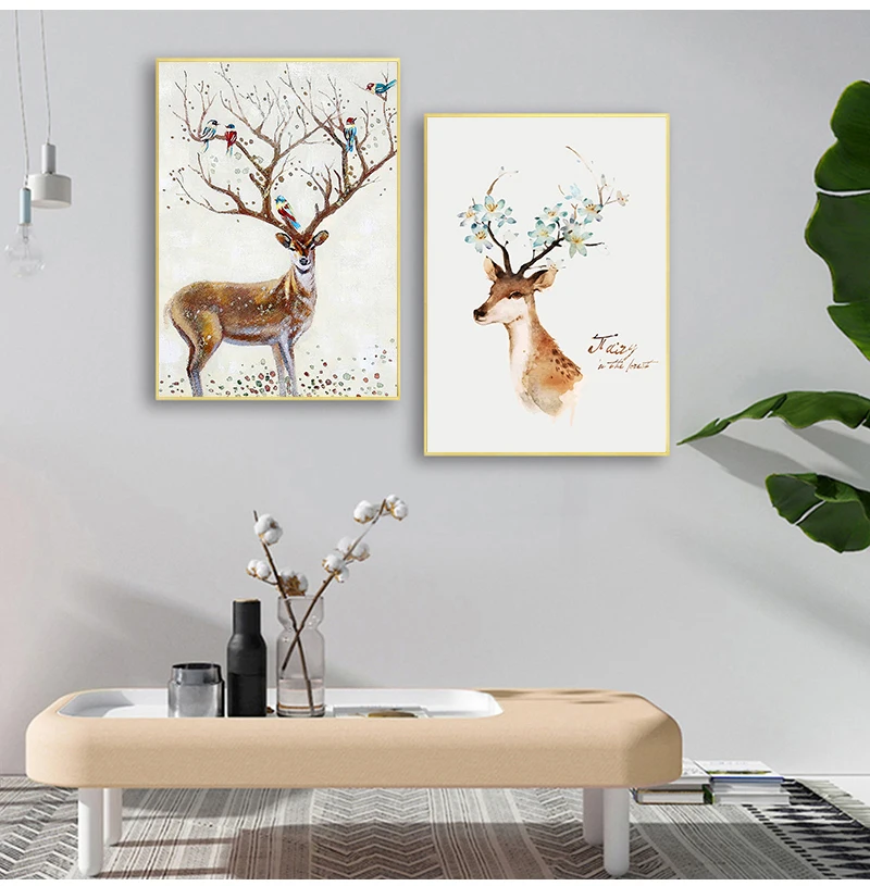 Deer Trees and Flowers Picture  Print and Posters Graffiti Art for Child Kids Room Decor 3-47 Art Canvas Painting Nordic Animal