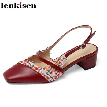

Lenkisen new mixed cloth breathable maiden square toe ankle straps med square heels sweet fashion gladiator daily wear pumps L29
