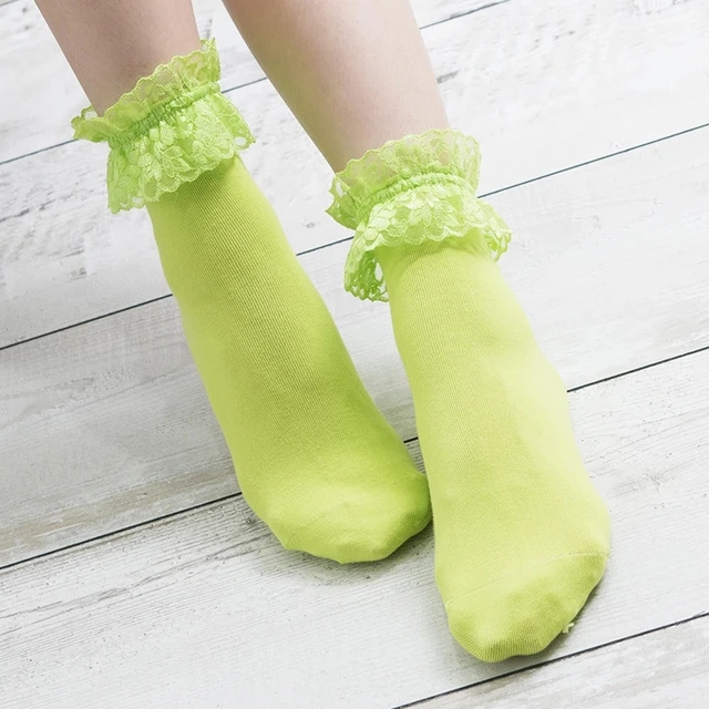 Women Lace Mesh Black White Cotton Socks Lolita Style Japanese Maiden Lovely Short Socks Harajuku Frilly Ruffle Princess Socks Fluorescent green