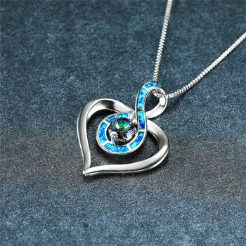 

Boho Female Rainbow Crystal Pendant Necklace Classic Silver Color Chain Necklaces For Women Vintage Opal Heart Wedding Necklace