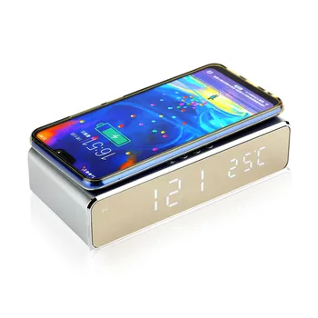 

LED Electric Alarm Clock with Phone Wireless Charger Mat Desktop Digital Thermometer Clock HD Clock Mirror With Time Memory