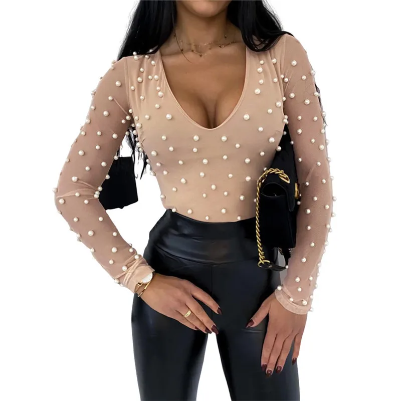 

Fashion Spring Summer Women Casual Mesh Pearl Long Sleeve Blouse Tops Black V Neck Sexy Slim Outfit Patchwork Blouse Shirt