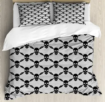 

Gothic Duvet Cover Set Halloween Horror Theme Spooky Black Skulls Checkered Pattern with Skeleton Bones Bedding Set